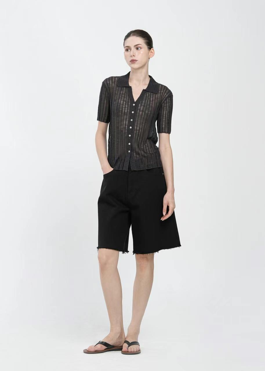 Ribbed Button-Up Knit Top in Black