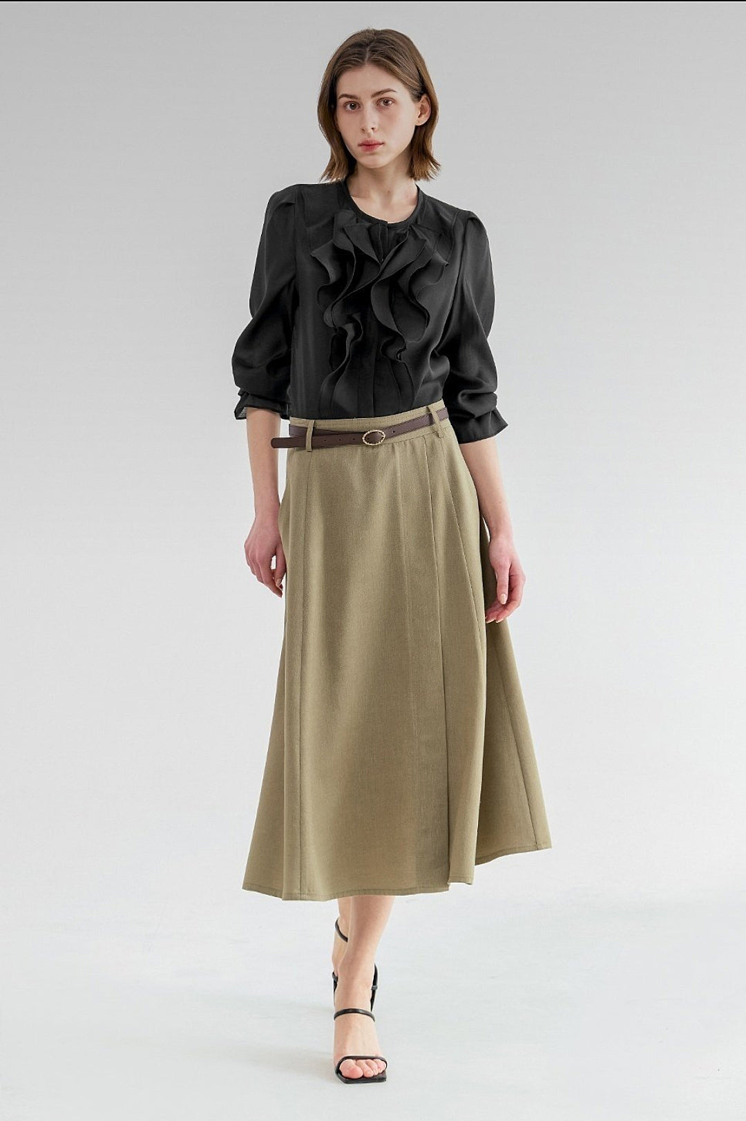 Flared Midi Skirt in Khaki