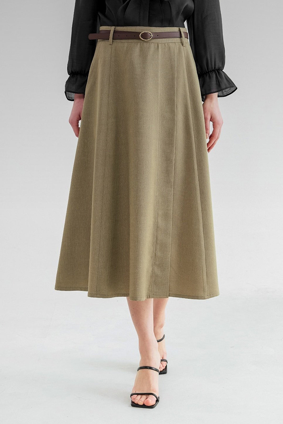 Flared Midi Skirt in Khaki