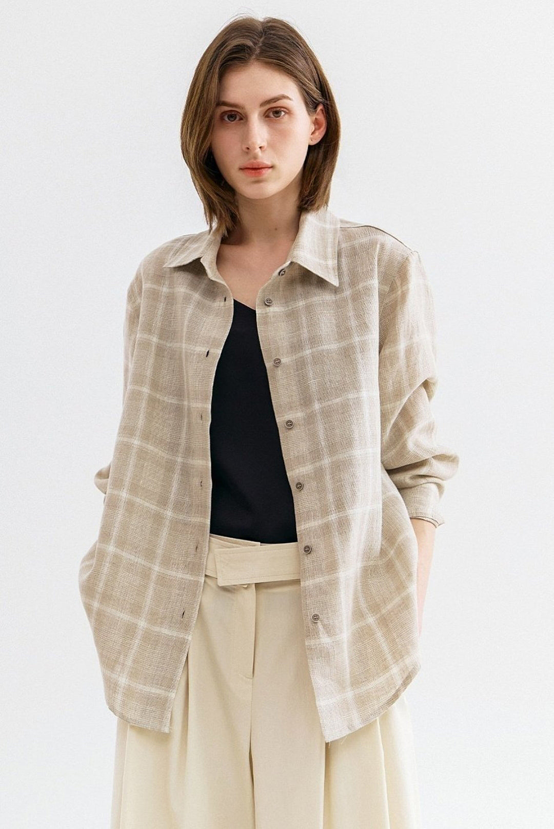 Courtney Linen Check Shirt in Beige