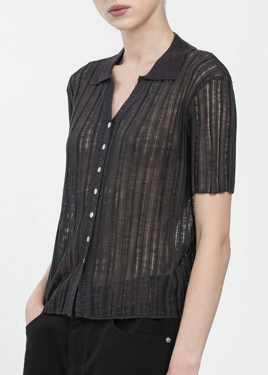 Ribbed Button-Up Knit Top in Black