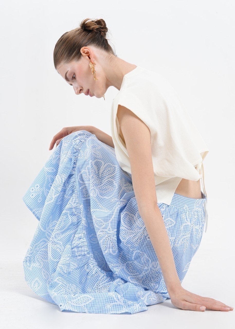 Bella Embroidered Gingham Skirt in Cotton