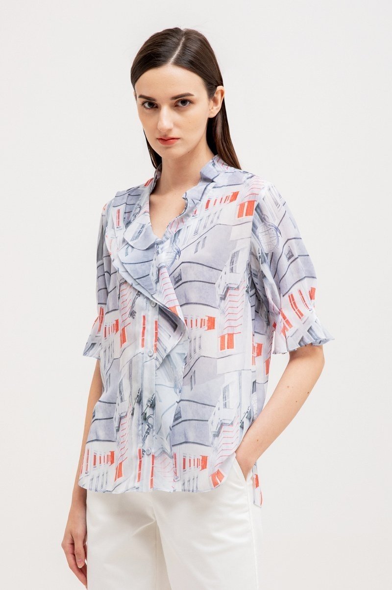 Marais Printed Ruffle Blouse in Sheer Chiffon