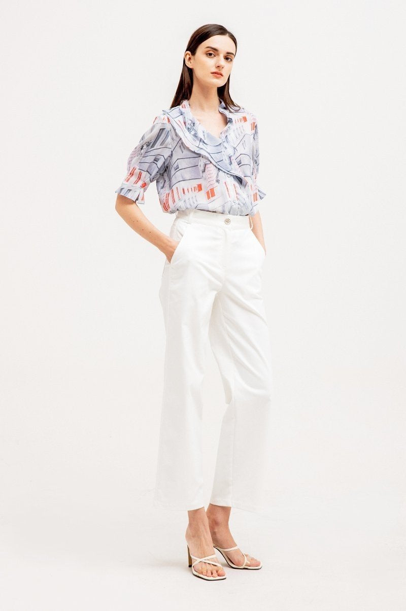 Marais Printed Ruffle Blouse in Sheer Chiffon